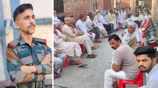 लूंब गांव में बलिदानी सोहित के घर के बाहर बैठे ग्रामीण और सोहित का फाइल फोटो। जागरण