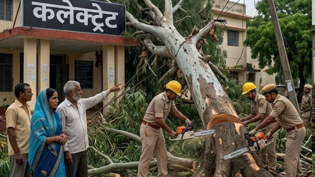 प्रतापगढ़ में आंधी-बारिश से कलेक्ट्रेट के सामने गिरा पेड़, बिजली व्यवस्था और आवागमन ध्वस्त
