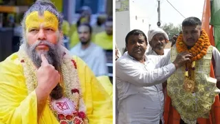 संत प्रेमानंद के दर्शन को निकले नरेंद्र उर्फ टिकन्ना का स्वागत करते लोग।