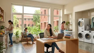 दिल्ली विश्वविद्यालय के गर्ल्स हॉस्टल में छात्राओं की सुविधा के लिए टक शॉप और लॉन्ड्री सेवा शुरू की गई है। इमेज एआई