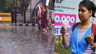 एक ही दिन धनबाद के मौसम के दो रंग : दोपहर की गर्मी से बचने के लिए हाथ में पंखा लेकर कॉलेज जाती छात्रा और शाम में रणधीर वर्मा चौक पर बारिश में भींगती छात्राएं। (फोटोः शाहिद)