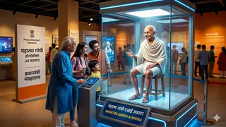 प्रधानमंत्री संग्रहालय में महात्मा गांधी के एआई अवतार की शुरुआत की गई। फोटो: एआई जनरेटेड