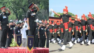 जाट सेंटर के बख्शी परेड ग्राउंड में पासिंग आउट परेड की सलामी लेते जाट कमांडर ब्रिगेडियर हरजीत प्रीत पाल सिंह और जाट सेंटर के बख्शी परेड ग्राउंड में पासिंग आउट परेड में मंच के पास गुजरते जवान