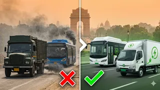 सभी ट्रकों और बसों को ईवी में बदलना ही एकमात्र रास्ता। फोटो: एआई जनरेटेड