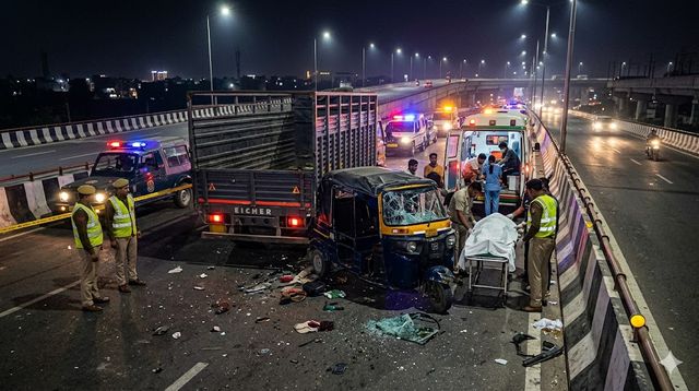 पलवल में सड़क हादसा: फ्लाईओवर पर खड़े कैंटर से टकराया ऑटो, युवक की मौत; तीन घायल
