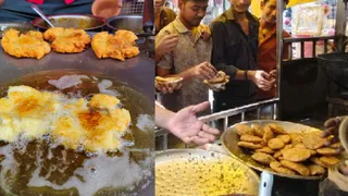 सदर बाजार में खड़ी कचौड़ी की ठेल पर रविवार सुबह नाश्ता करते लोग