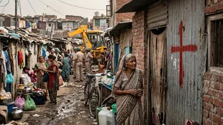 दिल्ली में जयपुर पोलो ग्राउंड और रेस कोर्स इलाके के ब्री कैंप झुग्गियों पर बुलडोजर चलाने की तैयारी। (AI Generated Image)