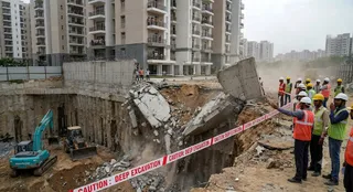बुधवार सुबह सोसायटी की करीब 30 मीटर लंबी चारदीवारी अचानक ढह गई। (AI Generated Image)
