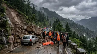 मंडी के औट में कार से निकलते ही महिला पर पत्थर गिरने से उसकी मौत हो गई। (फोटो एआई से बनाया गया है)