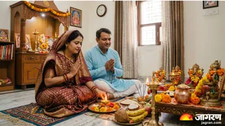 पूजा में पत्नी को पति के किस ओर बैठना चाहिए जानें शास्त्रों के नियम (Picture Credit: AI Generated)