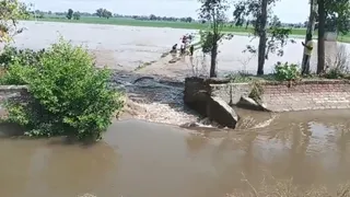 ममदोद में नहर टूटने के बाद खेतों में भरता पानी।