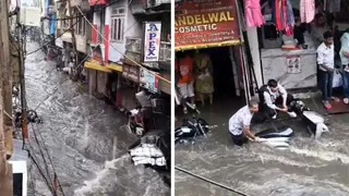 मथुरा में शुक्रवार को हुई बारिश के बाद बाजार का हाल। दूसरे फोटो में एक्टिवा को बहने से रोकते लोग।