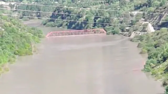Jobrang Bridge submerged in a lake on the Chandrabhaga River. Jagran