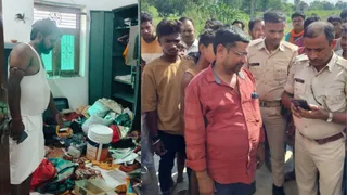 चोरी के बाद बिखरा सामान और जांच करती पुलिस अधिकारी। फोटो: जागरण