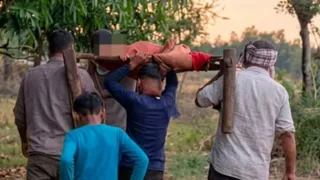 महिला को खाट पर लिटाकर अस्पताल ले जाते ग्रामीण (वीडियो ग्रैब)