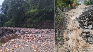शिमला के रामपुर क्षेत्र में बादल फटने से बही सड़क व रोड पर बहता पानी। जागरण