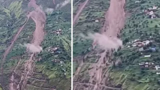 चंबा के बलोठ गांव की पहाड़ी पर हो रहा भारी भूस्खलन।