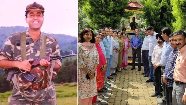 बलिदानी कैप्टन विक्रम बत्रा का फाइल फोटो व पालमपुर कॉलेज उनकी प्रतिमा पर श्रद्धांजलि देने के बाद स्टाफ।