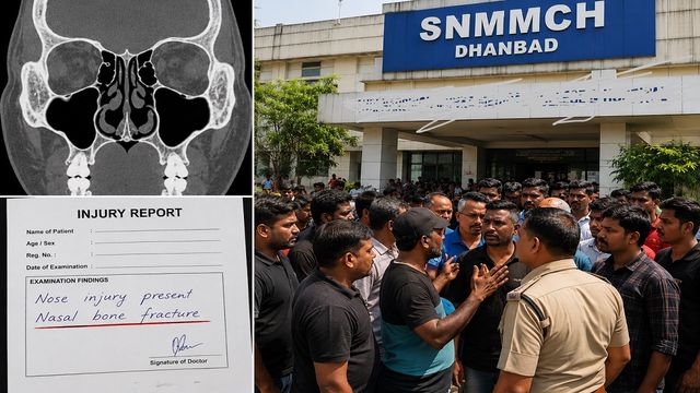 SNMMCH धनबाद में इंजूरी रिपोर्ट का बड़ा खेल! CT स्कैन नार्मल, फिर भी बता दी नाक टूटी; हंगामा
