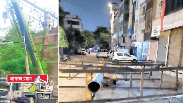 लखनऊ नगर निगम ने गोमतीनगर में खतरा बने यूनीपोल को हटाया, तेज हवा के कारण गिर गया था
