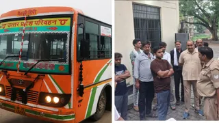 इस रोडवेज में गोली चलने से हादसा हुआ, दूसरे चित्र में पोस्टमार्टम हाउस पर मौजूद सिक्योरिटी गार्ड के परिजन।