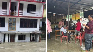 स्यानाचट्टी में यमुना नदी में जलमग्न नदी तट से लगे एक होटल का भूतल। वहीं, स्यानाचट्टी में नदी के तटवर्ती ढाबे तक पहुंचा नदी का पानी। फोटो ओंकार बहुगुणा