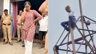 फोन पर बात करतीं सीओ इशिका सिंह और टावर पर चढ़ा युवक आकाश