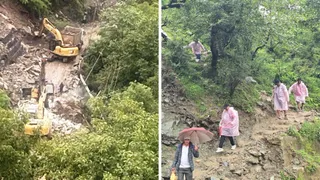 स्यानाचट्टी में यमुनोत्री हाईवे बहाली को इस तरह की जा रही कटिंग। वहीं, यमुनोत्री हाईवे पर भूस्खलन जोन पार करने के लिए फिसलनभरी पगडंडी से गुजरते यात्री। स्रोत आपदा प्रबंधन विभाग