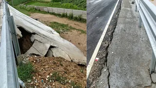 बड़गांव कट के किनारे दिल्ली-देहरादून इकोनामिक काॅरिडोर का धंसा हुआ हिस्सा। जागरण