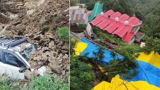 शिमला में मलबे में दबी गाड़ी और भूस्खलन से खतरे में भवन। जागरण