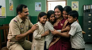 बच्चों को पुलिस ने मां से मिलाया। (AI Generated Image)