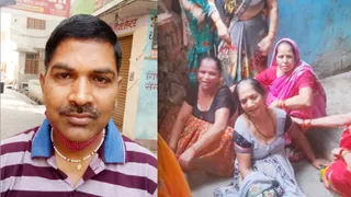 मृतक कर्मचारी के रोते परिजन और मृतक उपेंद्र शंखधार का फाइल फोटो