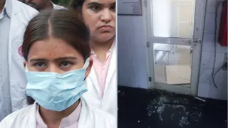 पीड़ित पैरामेडिकल छात्रा अलका और शाहजहांपुर मेडिकल कालेज में हमले से टूटा डायलिसिस प्रभारी कक्ष का दरवाजा जागरण