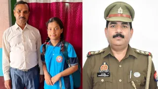 सूर्या जूनियर हाईस्कूल में प्रधानाचार्य महेंद्रपाल सिंह के साथ गुनगुन और निरीक्षक हरेंद्र सिंह