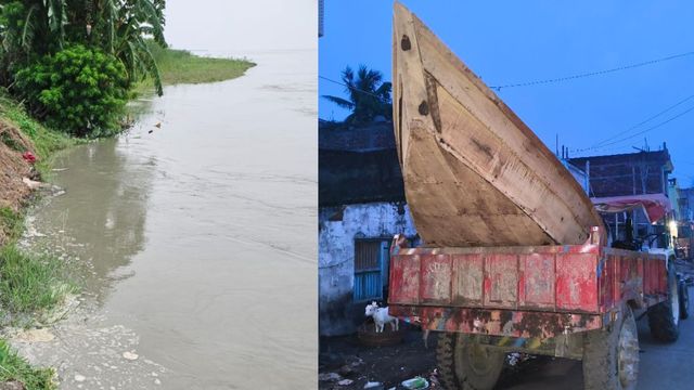 कभी ट्रैक्टर पर नाव तो कभी नाव पर ट्रैक्टर : सहरसा में बाढ़ से पहले सड़क पर उतरी नाव, कोसी के कटाव से खाली होने लगे घर