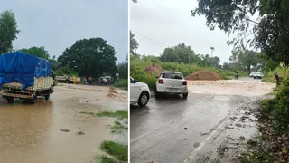 ऊना में भारी बारिश के बाद सड़क पर बहता पानी और रुके वाहन। जागरण