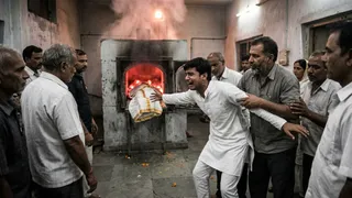 दादी के शव के साथ जलती हुई इलेक्ट्रिक भट्टी में कूद गया पोता। (यह तस्वीर एआई द्वारा बनाई गई है)