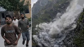 चंबा में पहाड़ी से गिरता मलबा और भागते लोग।