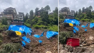शिमला शहर के पंथाघाटी में भूस्ख्लन से खतरे में भवन। जागरण