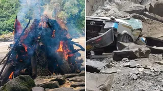 लाहुल सूमो हादसे के मृतकों के पांगी में चंद्रभागा नदी किनारे जलते शव।