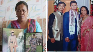 गंगी देवी अपने पति कारगिल बलिदानी हीरा सिंह व बेटे धीरेंद्र सिंह की तस्वीर दिखाते हुई भावुक। वहीं, बेटे मयंक व करण के साथ वीरांगना मीरा थापा।