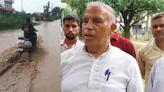 जनकौर में गत दिनों हुई बारिश से सड़क पर जलभराव और ऊना में प्रदर्शन करने पहुंचे लोग।