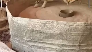 पत्थर के चूरे के साथ पीसा जा रहा गेहूं।