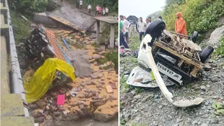 हिमाचल में भारी बारिश के बीच नगरोटा बगवां में दुर्घटनाग्रस्त ट्रक और चंबा में खाई में गिरी कार।