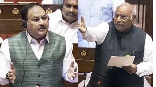राज्यसभा में जेपी नड्डा और मल्लिकार्जुन खरगे के बीच जोरदार बहस। (फोटो- पीटीआई और एएनआई।)