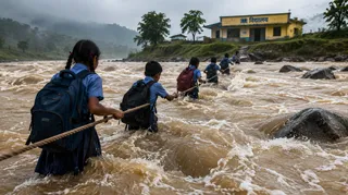 क्षेत्र में लगातार हो रही बारिश से नदी का जलस्तर काफी बढ़ गया है, जिससे बच्चों के लिए स्कूल पहुंचना बेहद जोखिम भरा साबित हो रहा है।