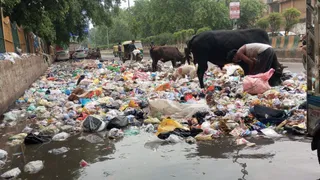 खोड़ा की राजीव विहार कॉलोनी के सामने मुख्य सड़क पर लगा कूड़े का ढेर। जागरण