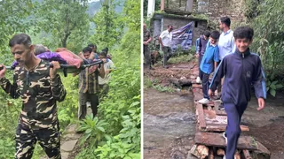 पिथौरागढ़ के तड़ीगांव से गंभीर रूप से बीमार बुजुर्ग को स्ट्रेचर से सड़क तक लाते एसएसबी जवान। वहीं, पिथौरागढ़ के जूनियर हाई स्कूल सिल के समीप नाले पर भारतीय सेना की ओर से तैयार पुलिया से आवाजाही करते बच्चे। सौ. सेना