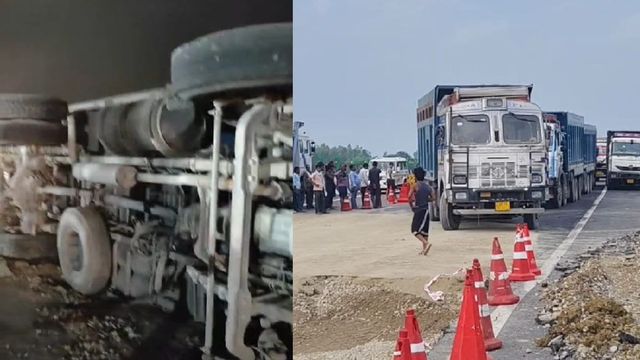 उन्नाव में लखनऊ-कानपुर एक्सप्रेसवे पर सड़क धंसने से पलटा ट्रक, गुणवत्ता पर उठे गंभीर सवाल
