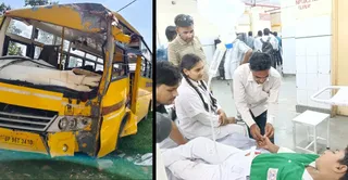 हादसे के बाद क्षतिग्रस्त स्कूल वाहन व अस्पताल में बच्चों का किया गया उपचार। जागरण